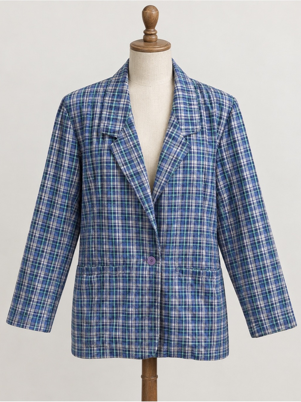 Vintage Plaid Blazer 80s Academia Preppy Jacket Cotton Petites Blue Oversized M